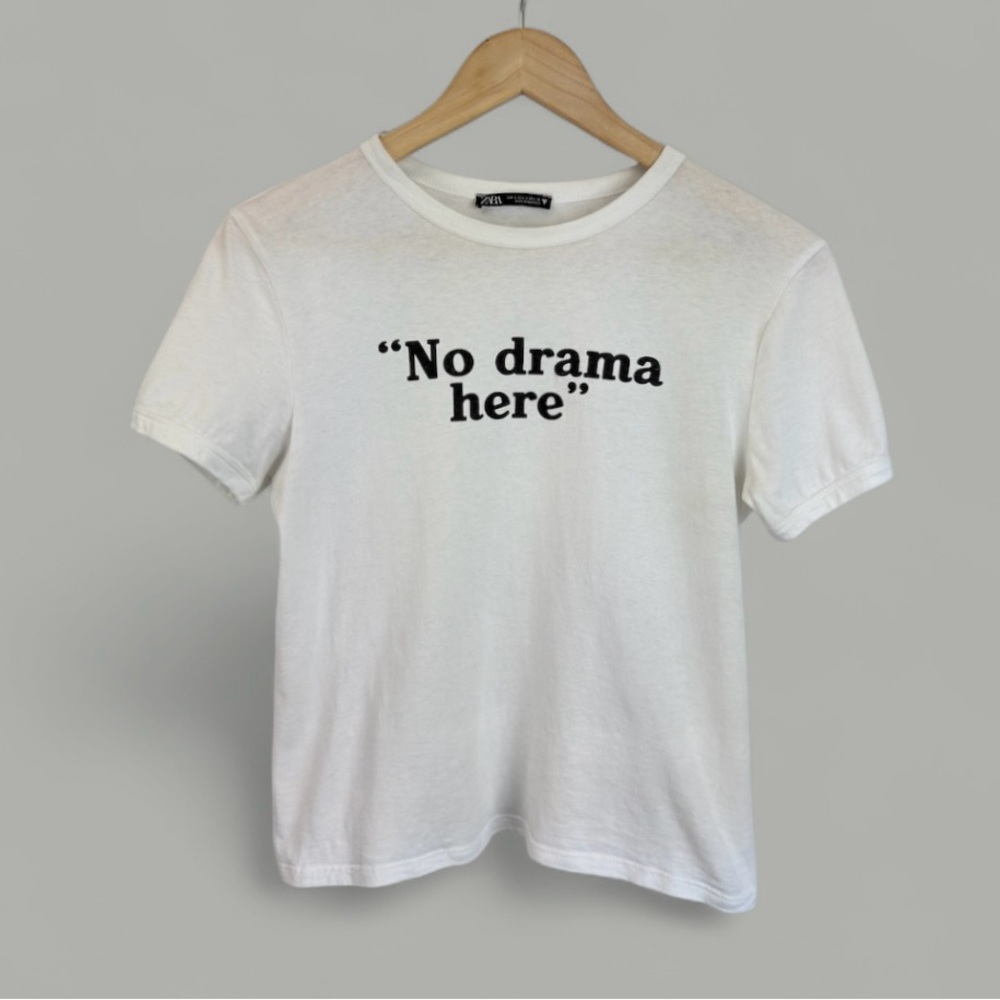Zara No Drama Here White Cotton TShirt Size Small